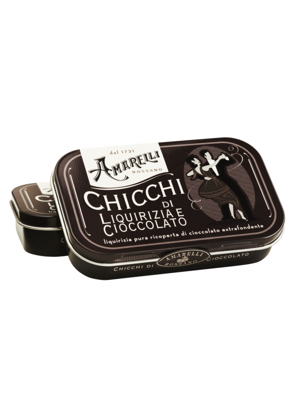 Amarelli Chicchi - Ren lakrids m/mørk chokolade - Sort Dåse