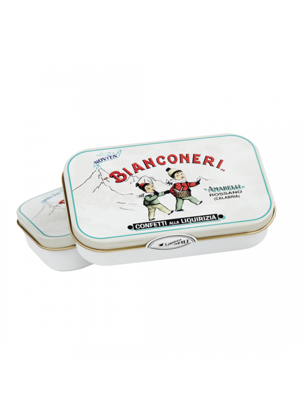 Amarelli Bianconeri - Lakridsdragée m/ mint - Hvid dåse